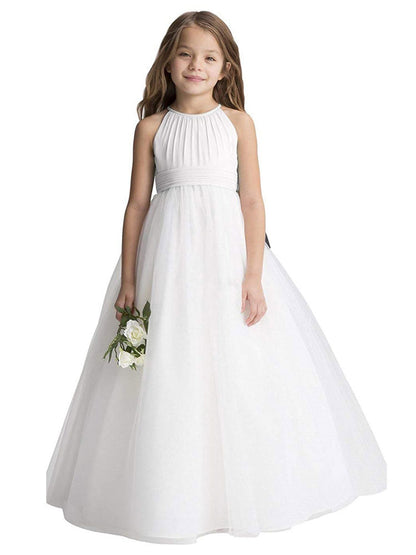 Jewel Neck Organza Sleeveless Ankle Length Princess Pleated Kids Party Dresses-showprettydress