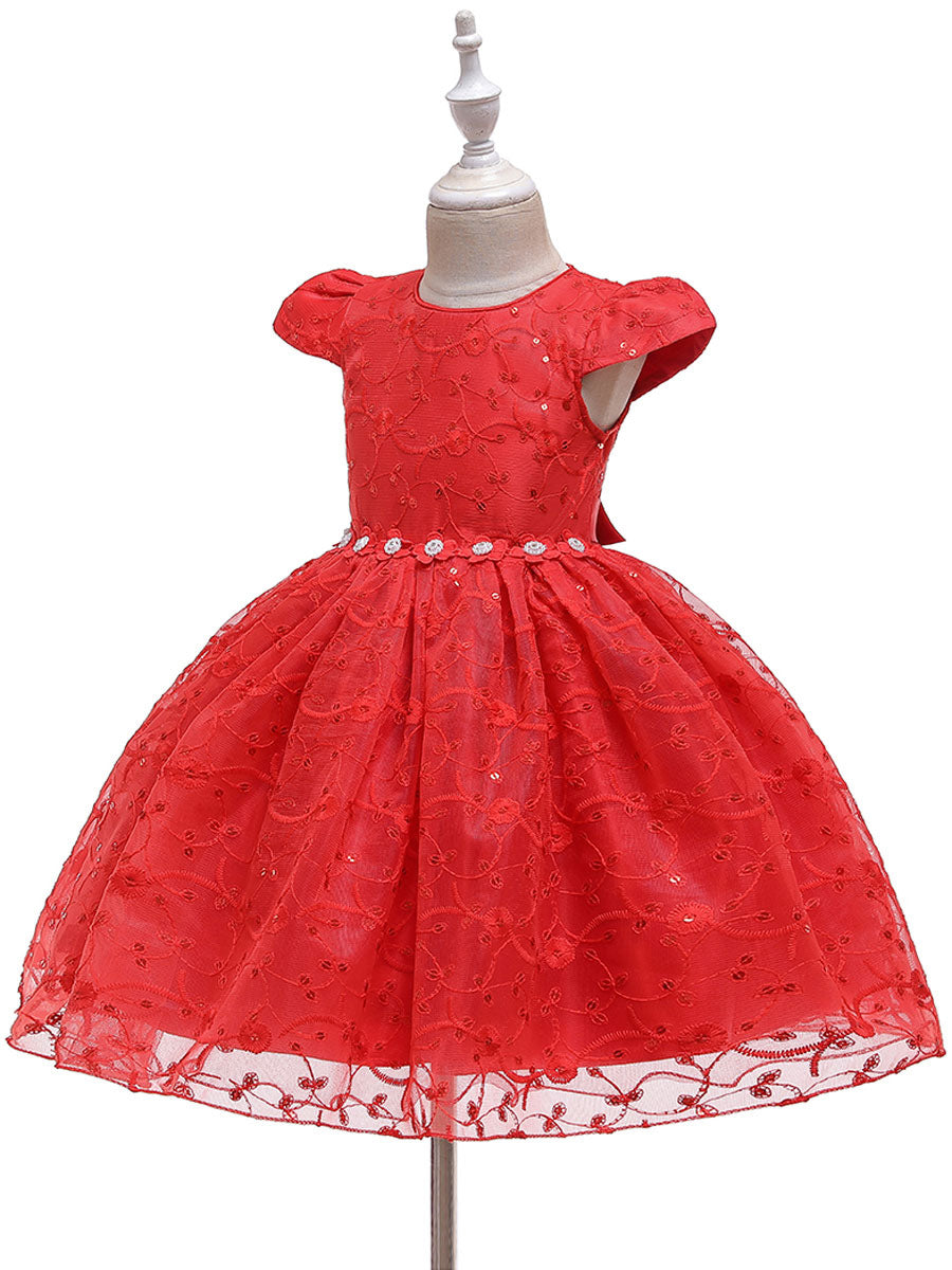 Jewel Neck Polyester Cotton Short Sleeves Short Princess Flowers Kids Social Party Dresses-showprettydress