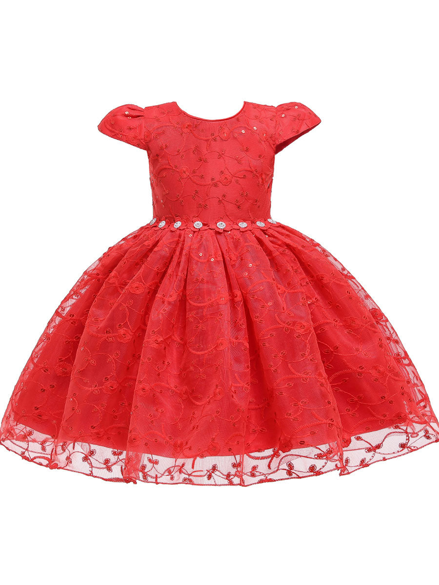 Jewel Neck Polyester Cotton Short Sleeves Short Princess Flowers Kids Social Party Dresses-showprettydress