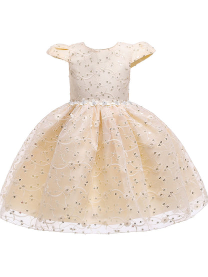 Jewel Neck Polyester Cotton Short Sleeves Short Princess Flowers Kids Social Party Dresses-showprettydress