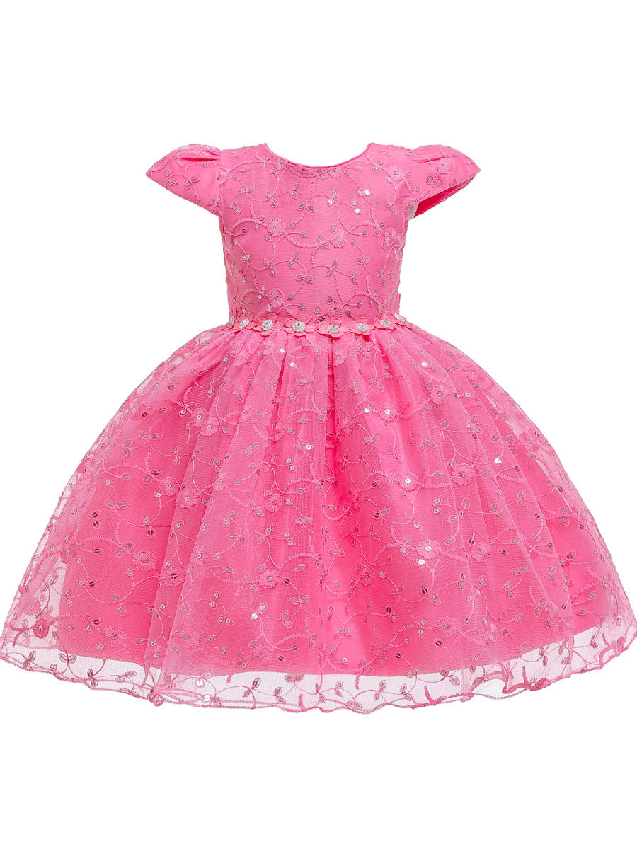 Jewel Neck Polyester Cotton Short Sleeves Short Princess Flowers Kids Social Party Dresses-showprettydress