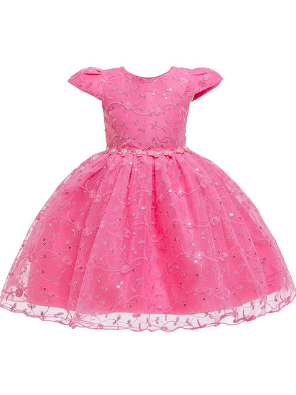 Jewel Neck Polyester Cotton Short Sleeves Short Princess Flowers Kids Social Party Dresses-showprettydress