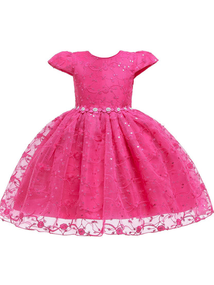 Jewel Neck Polyester Cotton Short Sleeves Short Princess Flowers Kids Social Party Dresses-showprettydress