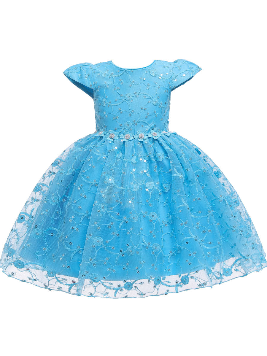 Jewel Neck Polyester Cotton Short Sleeves Short Princess Flowers Kids Social Party Dresses-showprettydress