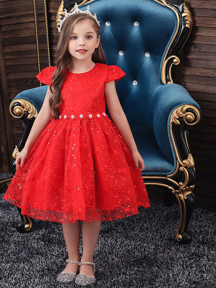 Jewel Neck Polyester Cotton Short Sleeves Short Princess Flowers Kids Social Party Dresses-showprettydress