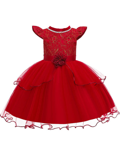 Jewel Neck Polyester Cotton Sleeveless Short Princess Beaded Kids Party Dresses-showprettydress