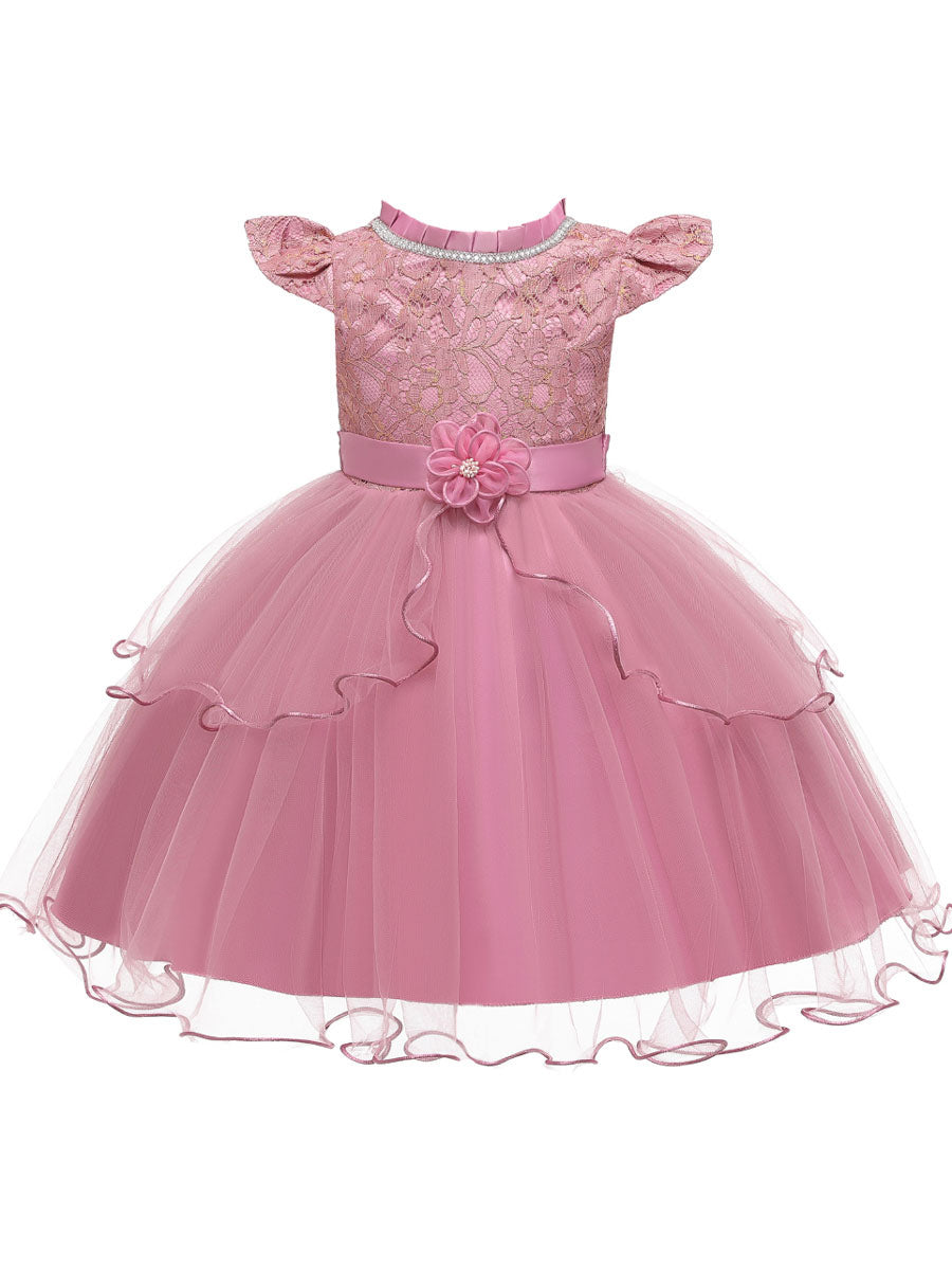 Jewel Neck Polyester Cotton Sleeveless Short Princess Beaded Kids Party Dresses-showprettydress