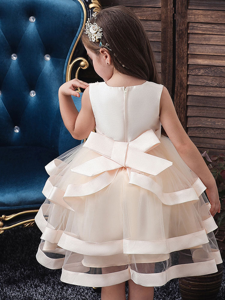 Jewel Neck Polyester Cotton Sleeveless Short Princess Bows Formal Kids Pageant Dress-showprettydress