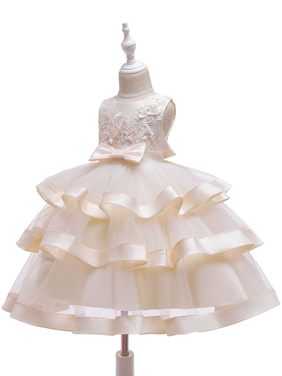 Jewel Neck Polyester Cotton Sleeveless Short Princess Bows Formal Kids Pageant Dress-showprettydress