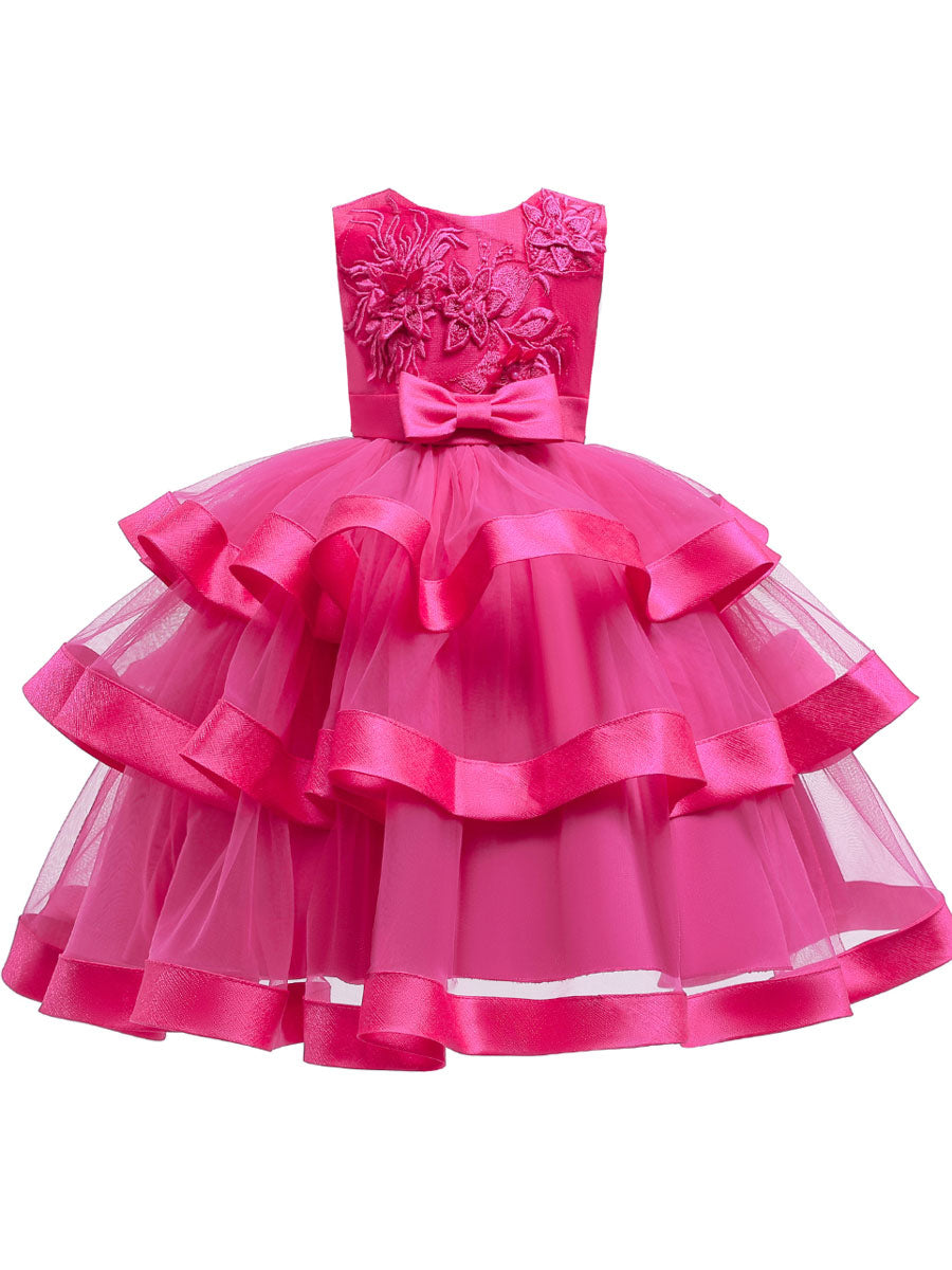 Jewel Neck Polyester Cotton Sleeveless Short Princess Bows Formal Kids Pageant Dress-showprettydress