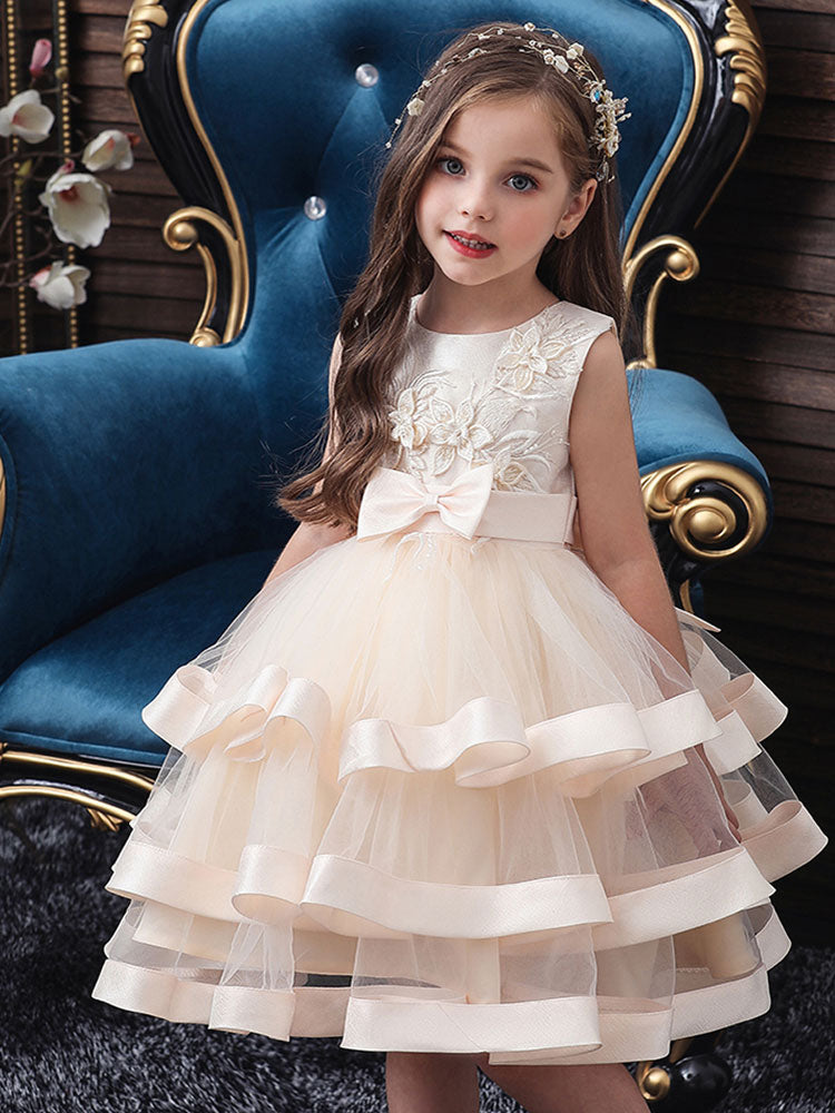 Jewel Neck Polyester Cotton Sleeveless Short Princess Bows Formal Kids Pageant Dress-showprettydress