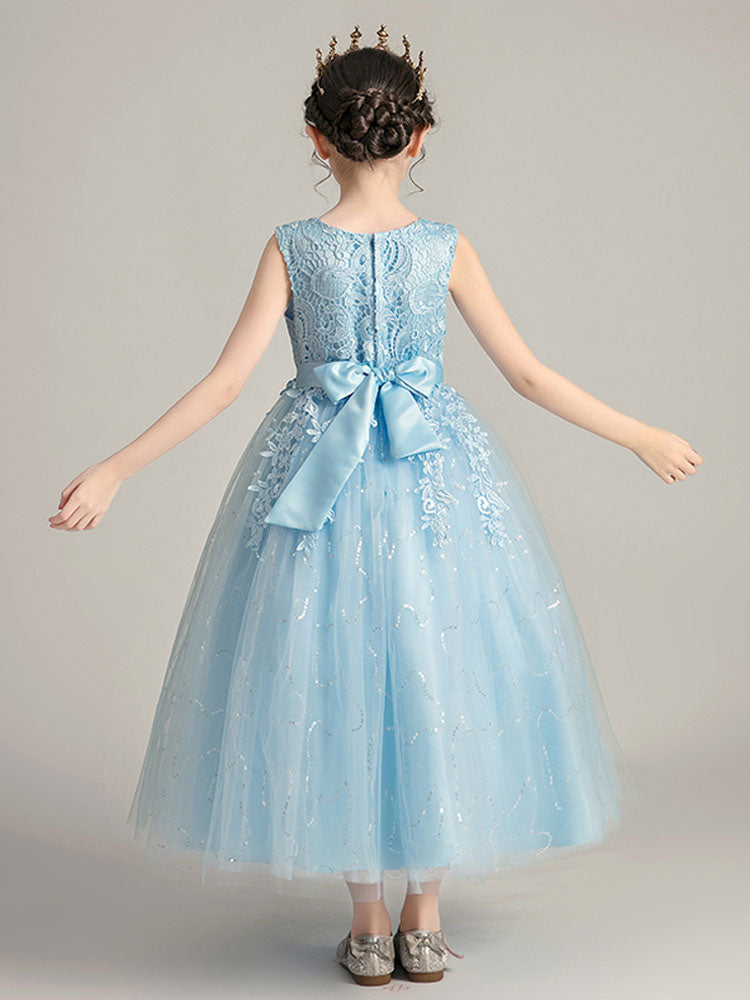 Jewel Neck Polyester Sleeveless Ankle Length Ball Gown Bows Kids Party Dresses-showprettydress