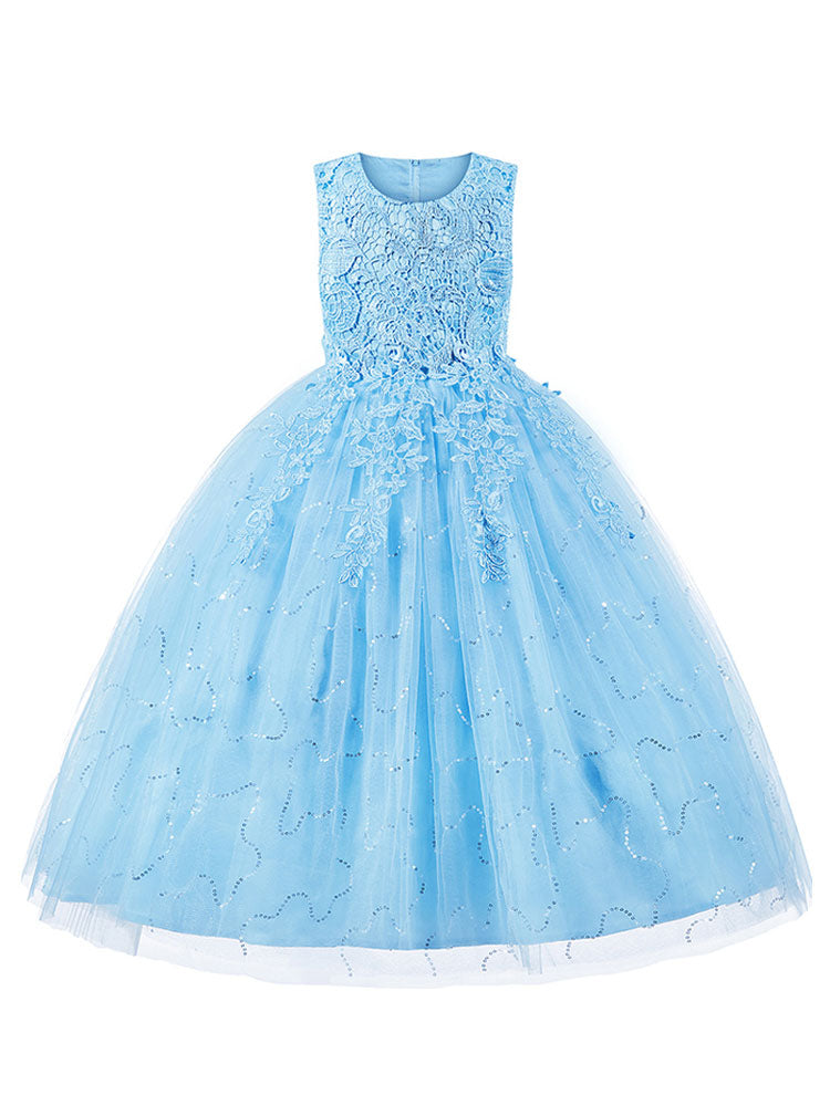 Jewel Neck Polyester Sleeveless Ankle Length Ball Gown Bows Kids Party Dresses-showprettydress