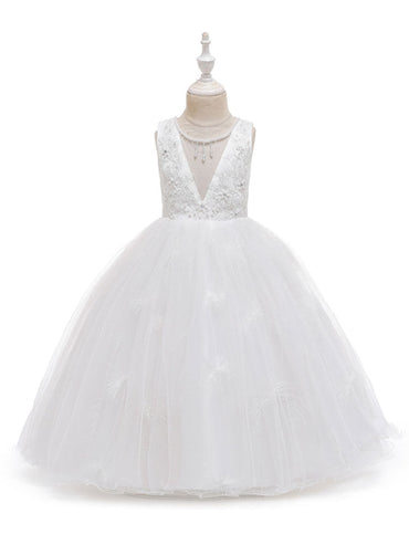 Jewel Neck Polyester Sleeveless Ankle-Length Bows Formal Kids Pageant flower girl dresses-showprettydress