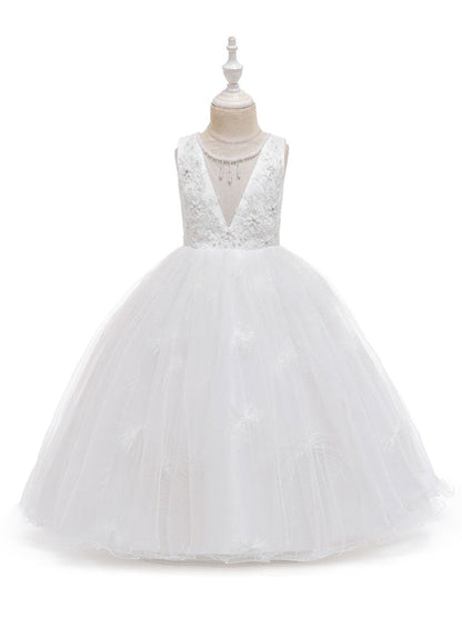 Jewel Neck Polyester Sleeveless Ankle-Length Bows Formal Kids Pageant flower girl dresses-showprettydress