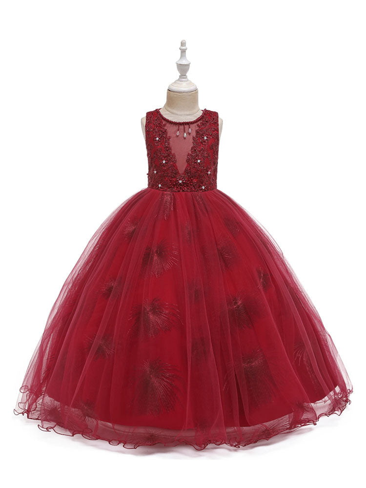 Jewel Neck Polyester Sleeveless Ankle-Length Bows Formal Kids Pageant flower girl dresses-showprettydress