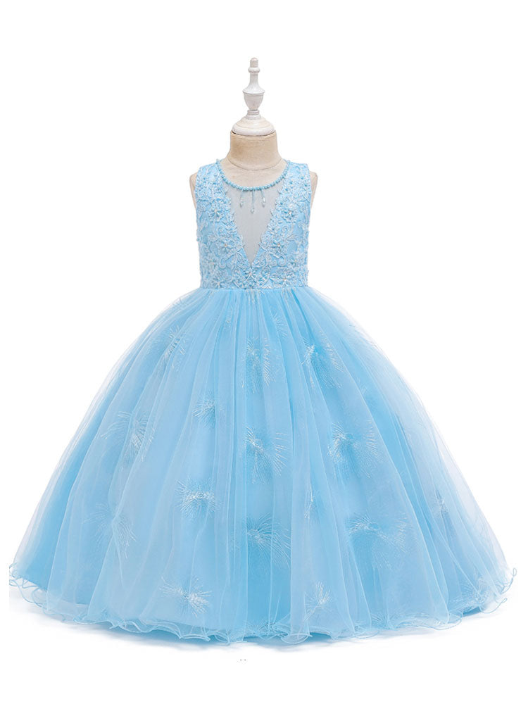 Jewel Neck Polyester Sleeveless Ankle-Length Bows Formal Kids Pageant flower girl dresses-showprettydress