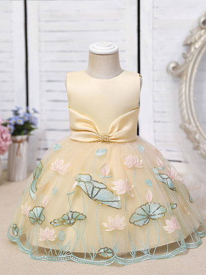 Jewel Neck Polyester Sleeveless Polyester Cotton Tulle Short A-Line Embroidered Kids Party Dresses-showprettydress