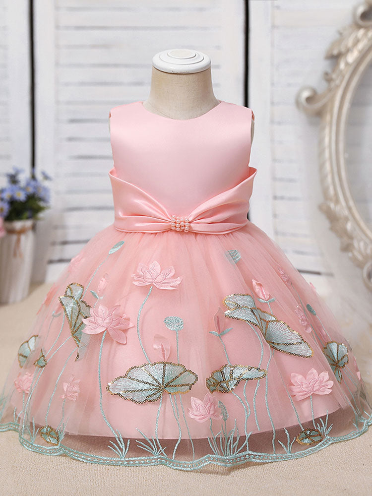 Jewel Neck Polyester Sleeveless Polyester Cotton Tulle Short A-Line Embroidered Kids Party Dresses-showprettydress