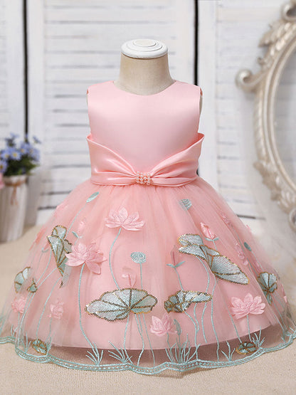 Jewel Neck Polyester Sleeveless Polyester Cotton Tulle Short A-Line Embroidered Kids Party Dresses-showprettydress