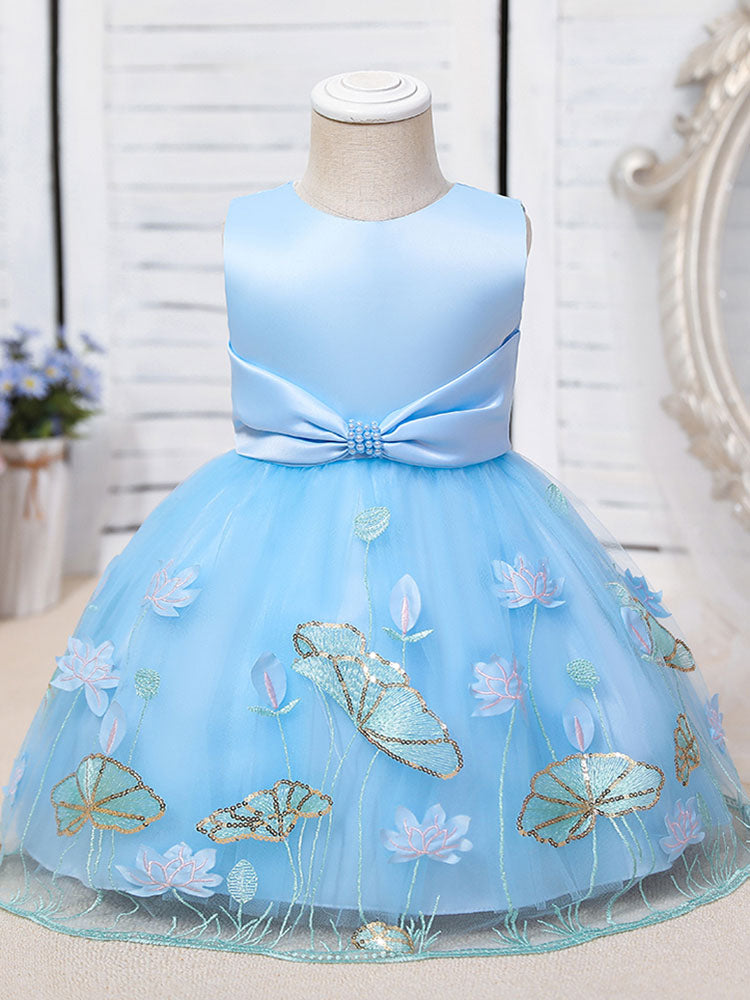 Jewel Neck Polyester Sleeveless Polyester Cotton Tulle Short A-Line Embroidered Kids Party Dresses-showprettydress