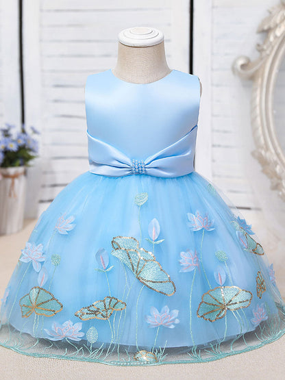 Jewel Neck Polyester Sleeveless Polyester Cotton Tulle Short A-Line Embroidered Kids Party Dresses-showprettydress