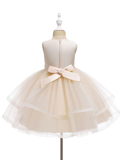 Jewel Neck Polyester Sleeveless Short Ball Gown Bows Kids Social Party Dresses-showprettydress