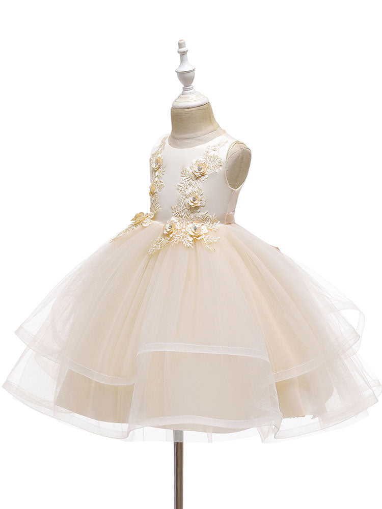 Jewel Neck Polyester Sleeveless Short Ball Gown Bows Kids Social Party Dresses-showprettydress