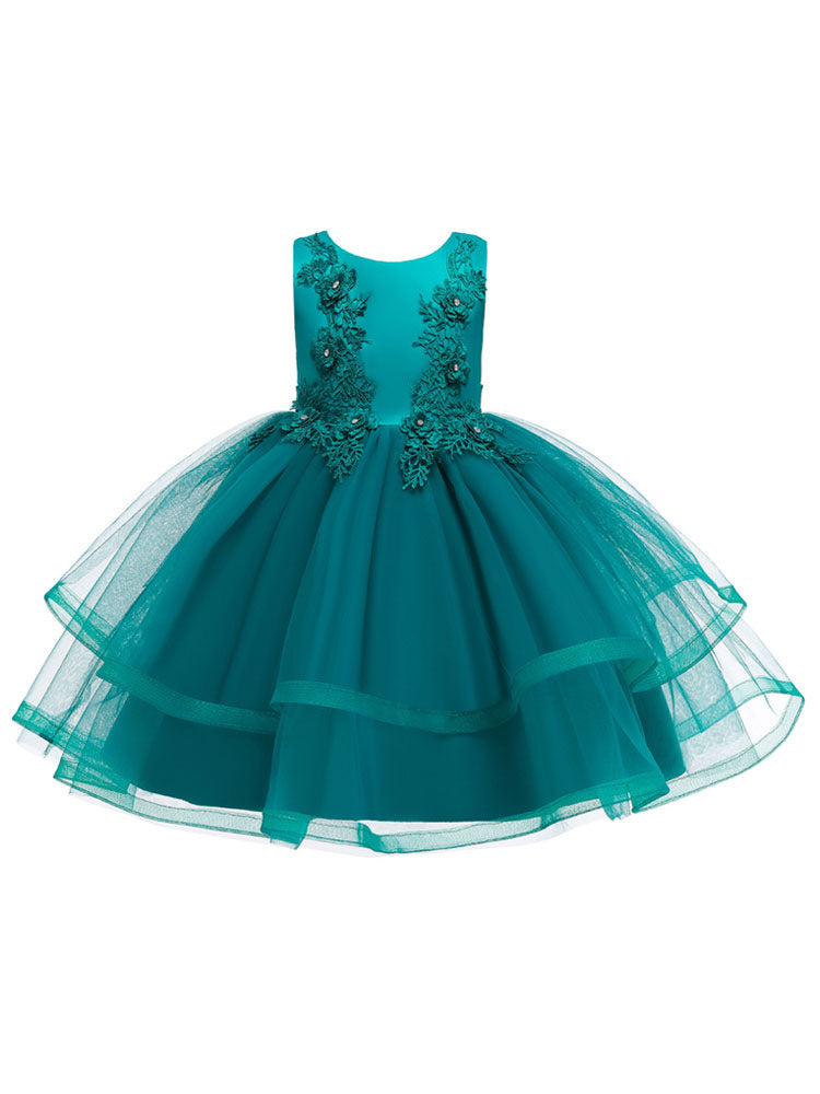 Jewel Neck Polyester Sleeveless Short Ball Gown Bows Kids Social Party Dresses-showprettydress