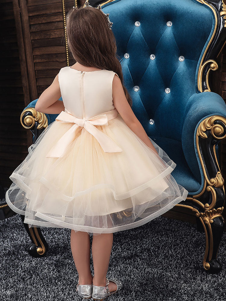 Jewel Neck Polyester Sleeveless Short Ball Gown Bows Kids Social Party Dresses-showprettydress