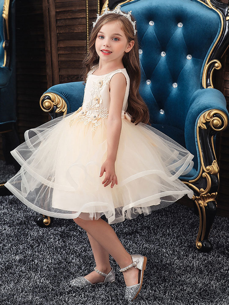 Jewel Neck Polyester Sleeveless Short Ball Gown Bows Kids Social Party Dresses-showprettydress