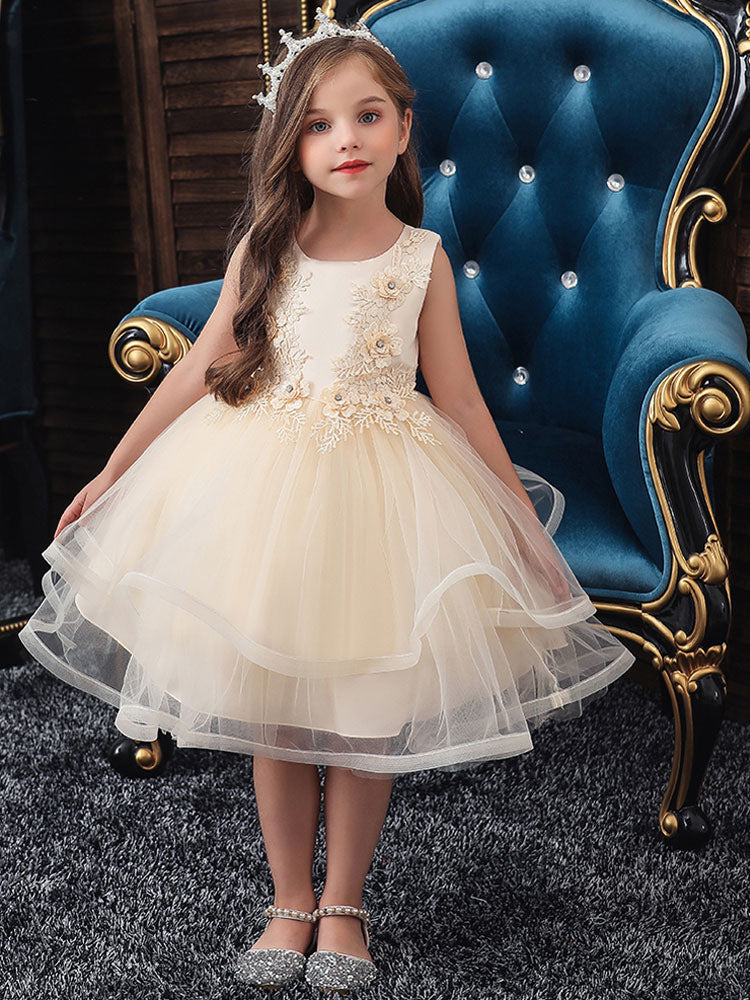 Jewel Neck Polyester Sleeveless Short Ball Gown Bows Kids Social Party Dresses-showprettydress