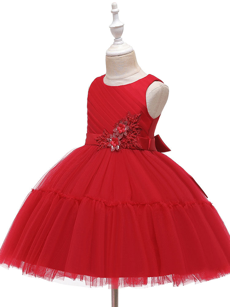 Jewel Neck Polyester Sleeveless Short Princess Bows Kids Party Dresses-showprettydress