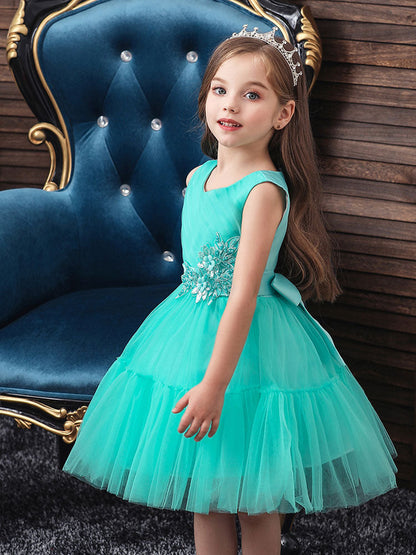 Jewel Neck Polyester Sleeveless Short Princess Bows Kids Party Dresses-showprettydress