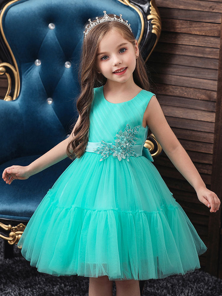 Jewel Neck Polyester Sleeveless Short Princess Bows Kids Party Dresses-showprettydress