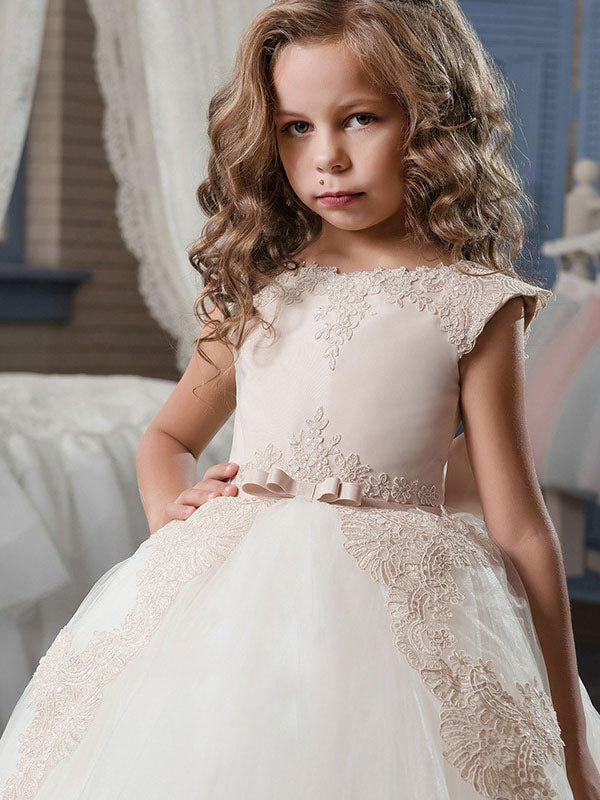 Jewel Neck Satin Fabric Sleeveless With Train Princess Lace Kids Party Dresses-showprettydress