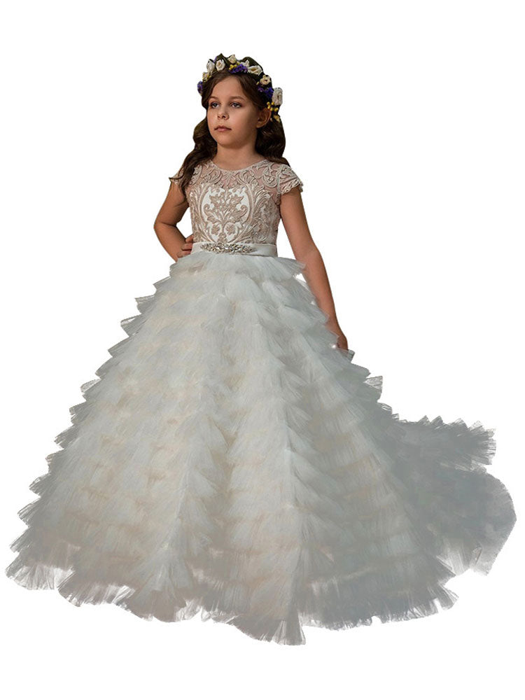 Jewel Neck Short Sleeves Embroidered Kids Party Dresses-showprettydress