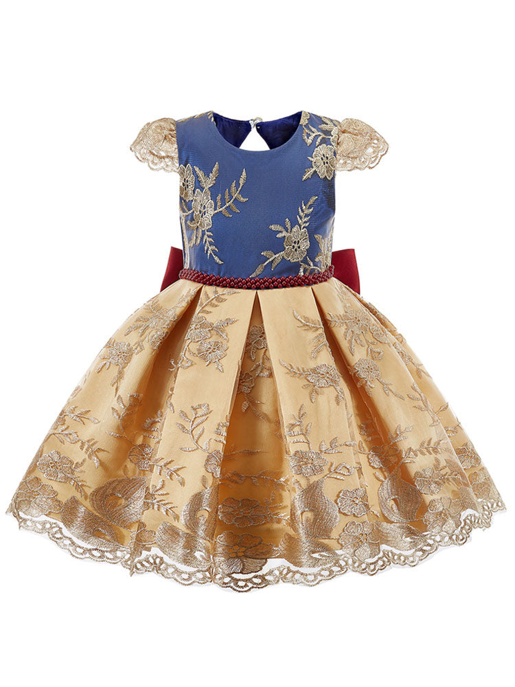 Jewel Neck Short Sleeves Embroidered Kids Social Party Dresses-showprettydress