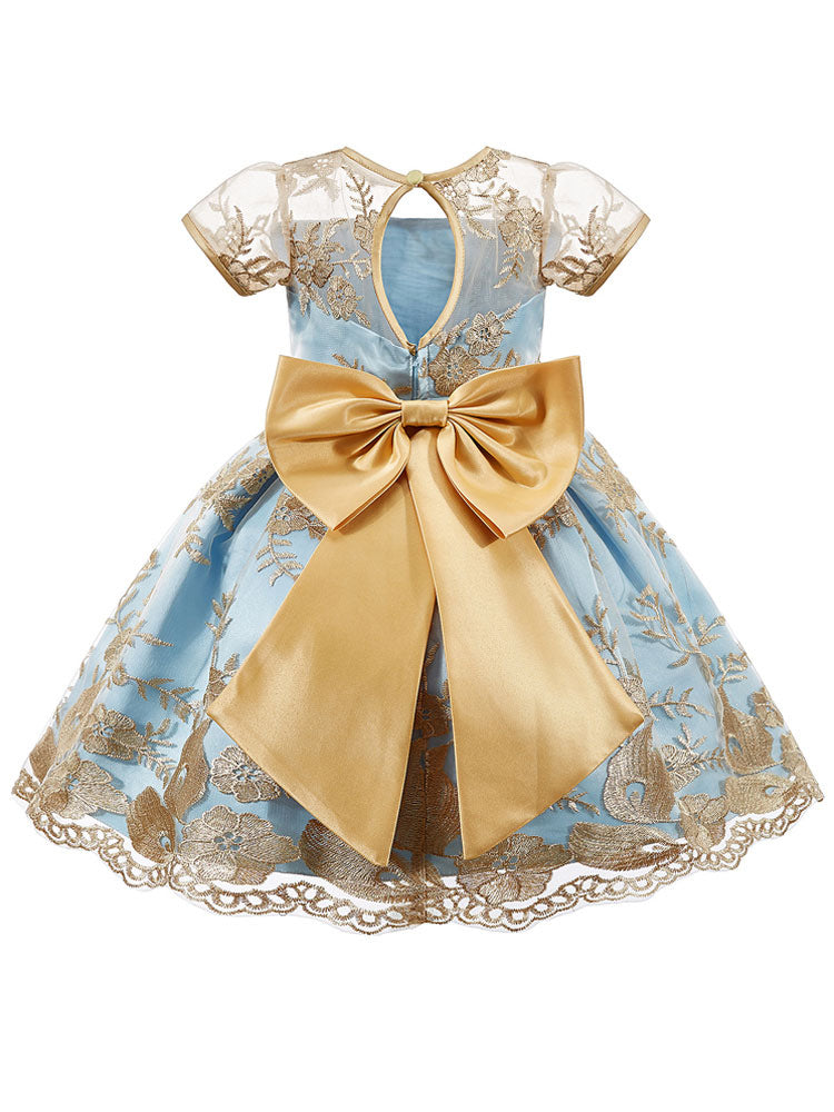 Jewel Neck Short Sleeves Embroidered Kids Social Party Dresses-showprettydress