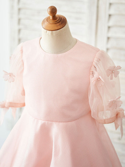 Jewel Neck Short Sleeves Kids Pink Social Party Dresses-showprettydress