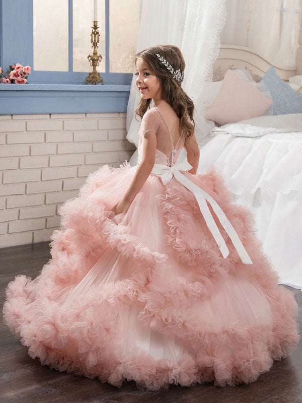 Jewel Neck Short Sleeves Rhinestones Kids Pageant flower girl dresses-showprettydress