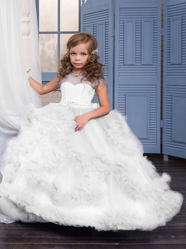 Jewel Neck Short Sleeves Rhinestones Kids Pageant flower girl dresses-showprettydress