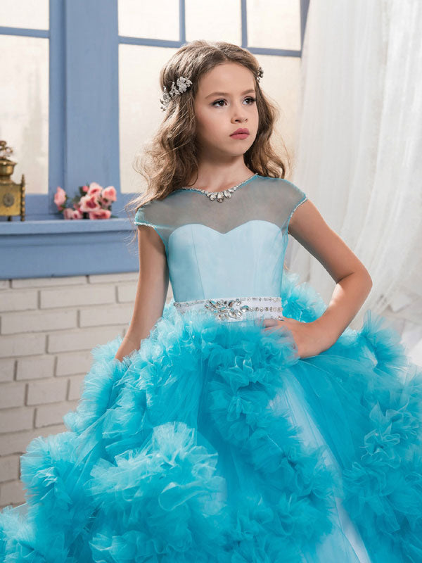 Jewel Neck Short Sleeves Rhinestones Kids Pageant flower girl dresses-showprettydress