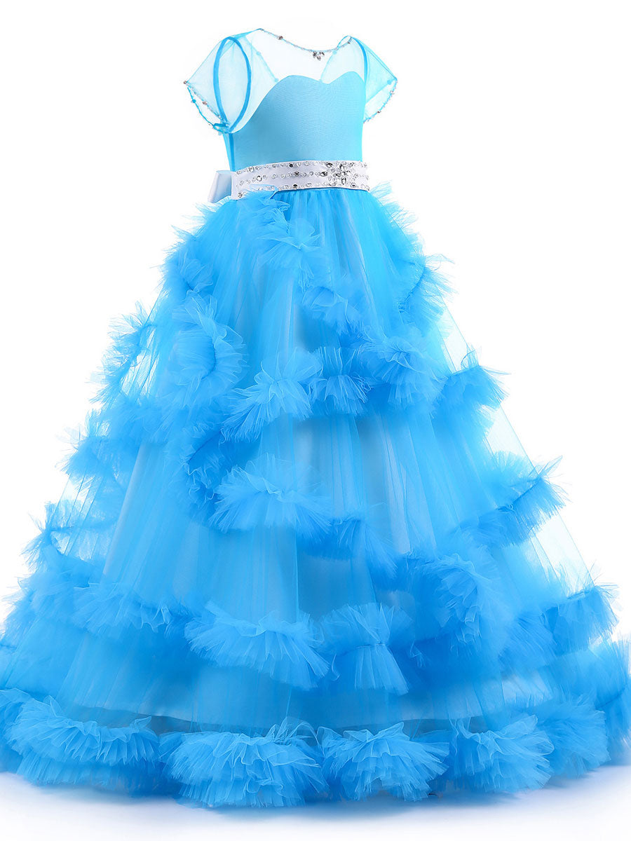 Jewel Neck Short Sleeves Rhinestones Kids Pageant flower girl dresses-showprettydress