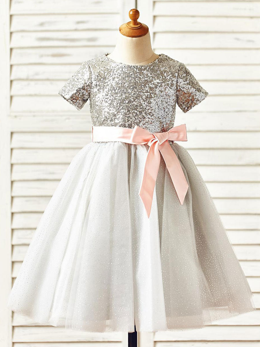 Jewel Neck Short Sleeves Sash Kids Party Dresses-showprettydress