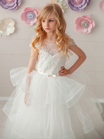 Jewel Neck Short Sleeves Tiered Kids Pageant flower girl dresses-showprettydress