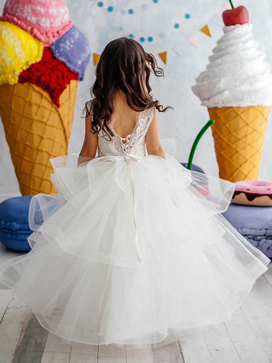 Jewel Neck Short Sleeves Tiered Kids Pageant flower girl dresses-showprettydress