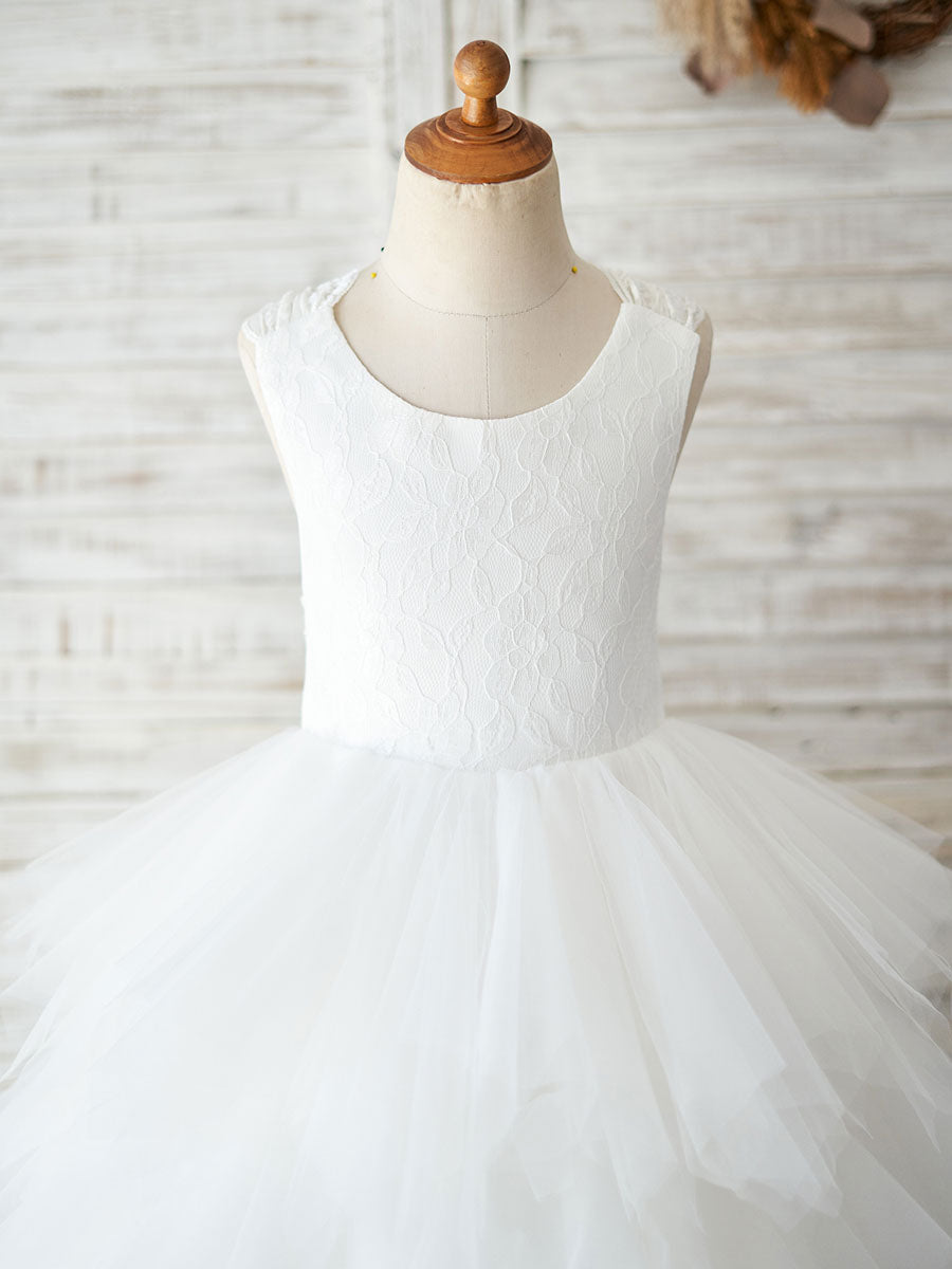 Jewel Neck Sleeveless Back Crossed-Lace Formal Kids Pageant flower girl dresses-showprettydress