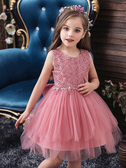 Jewel Neck Sleeveless Bows Formal Kids Pageant flower girl dresses-showprettydress