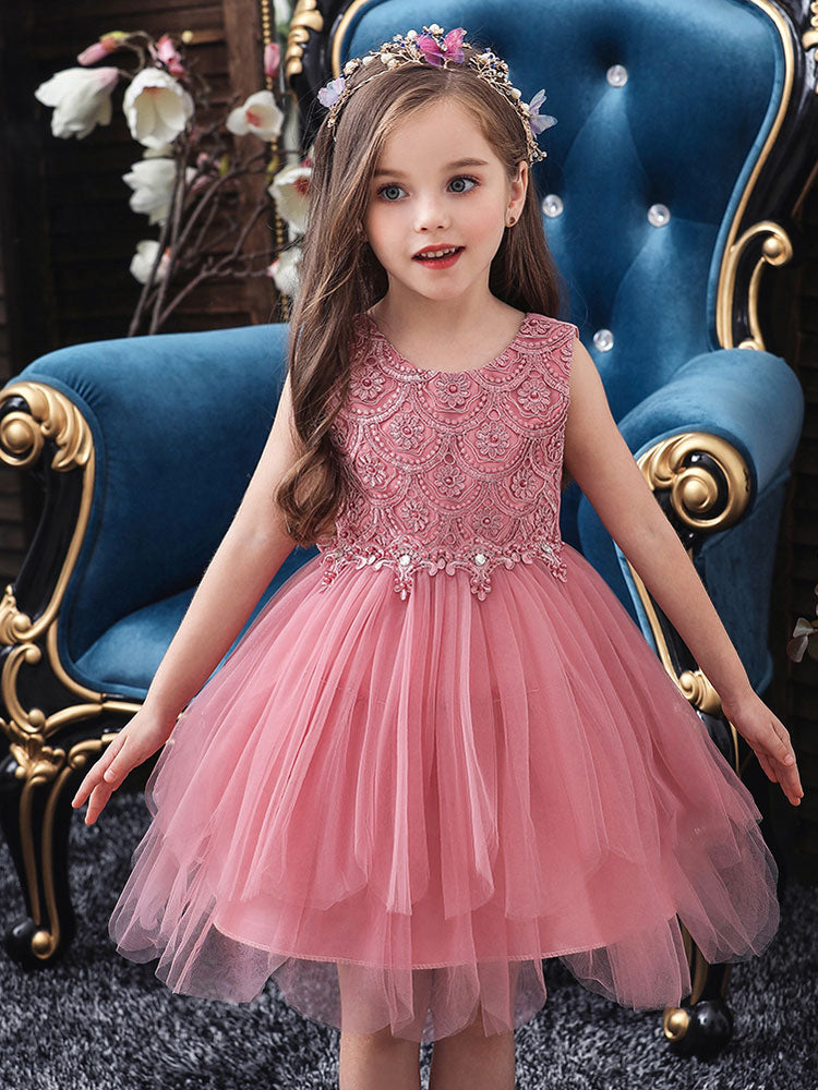 Jewel Neck Sleeveless Bows Formal Kids Pageant flower girl dresses-showprettydress